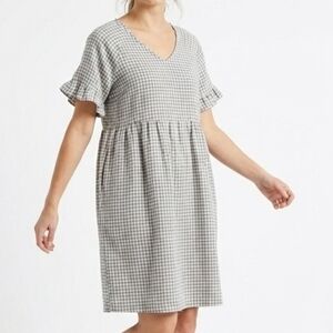 Grey Gingham Check Smock Dress Plus Size XL Flutter Sleeve Pockets Cottagecore